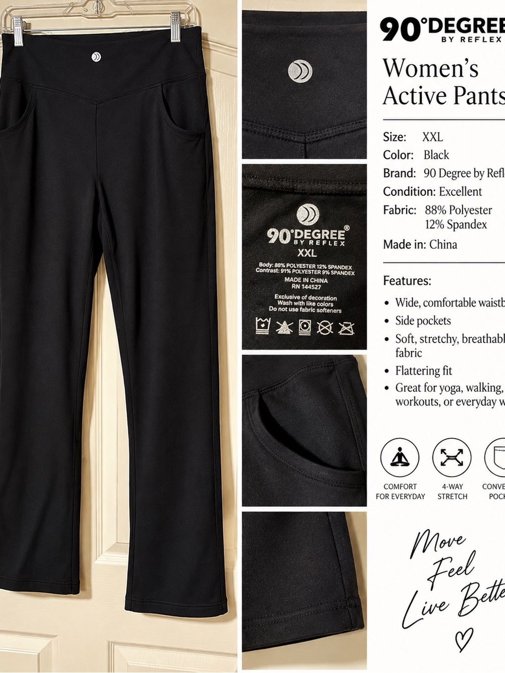 90 Degree By Reflex Black Boot Cut Active Pants with Pockets